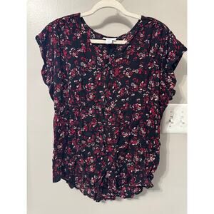 Liz Claiborne Woman's Shirt, size XL, Black, Floral, Button Up, Short Sleeves